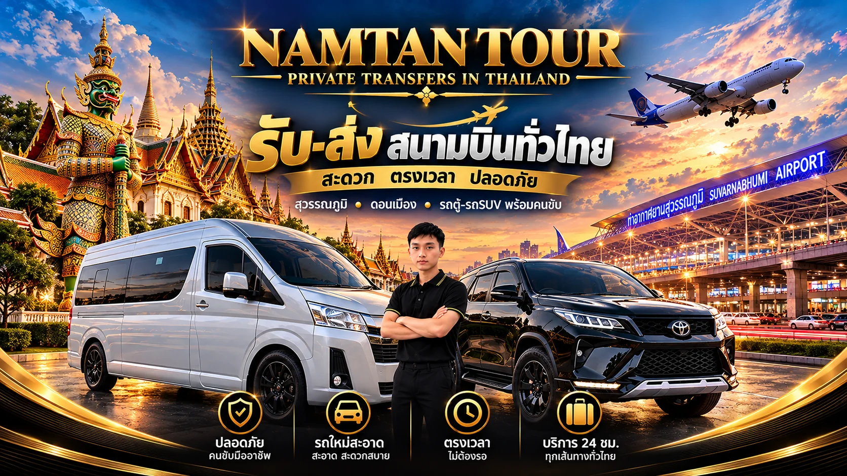 น้ำตาลทัวร์ NAMTAN TOUR บริการรับ–ส่งสนามบิน Airport Transfer ด้วยรถ Toyota Commuter และ Toyota Fortuner